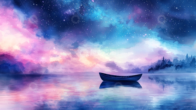 高清大图下载【趣麦麦图】宁静湖畔星空下的小船