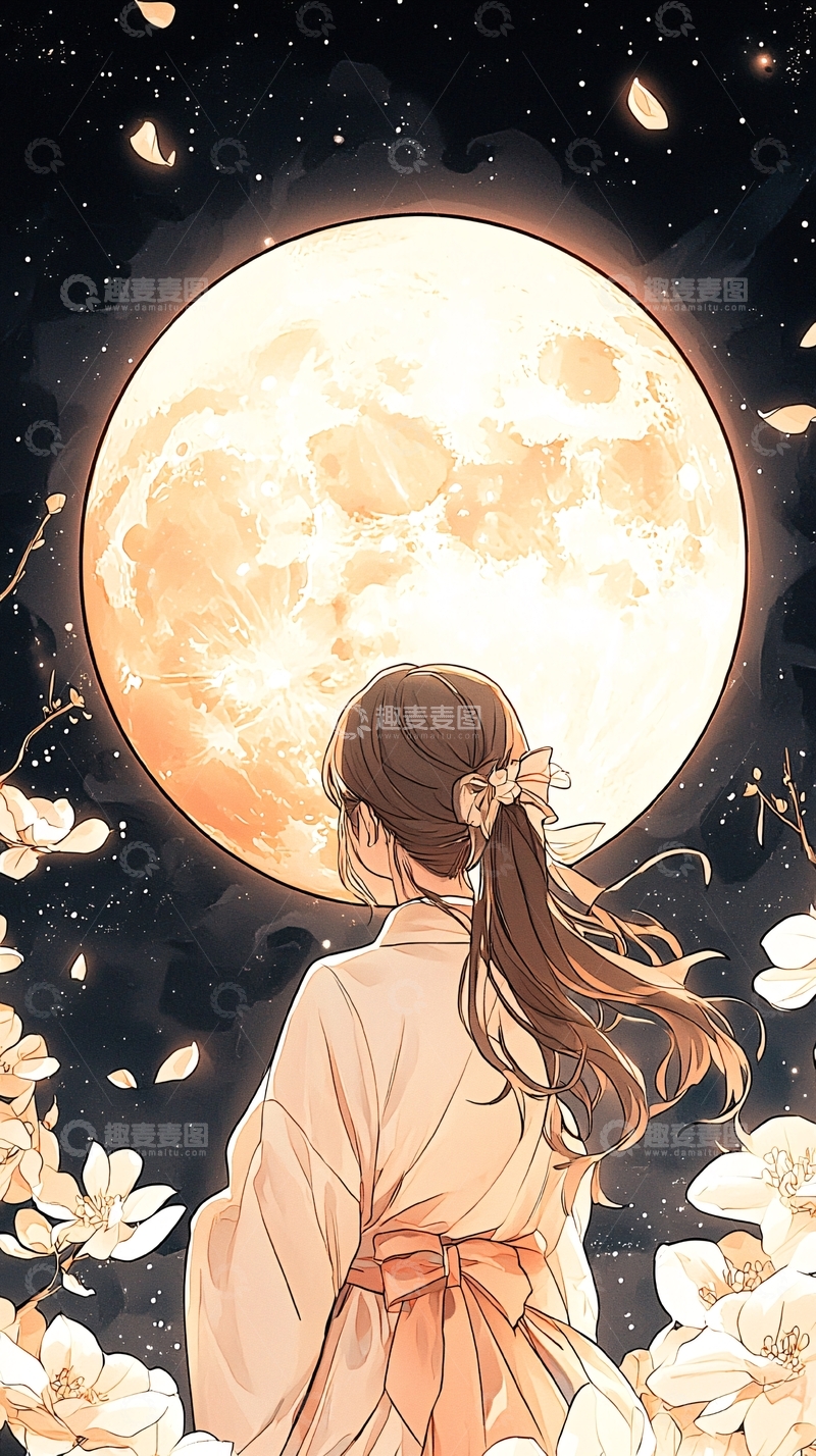 高清大图下载【趣麦麦图】月下花影少女
