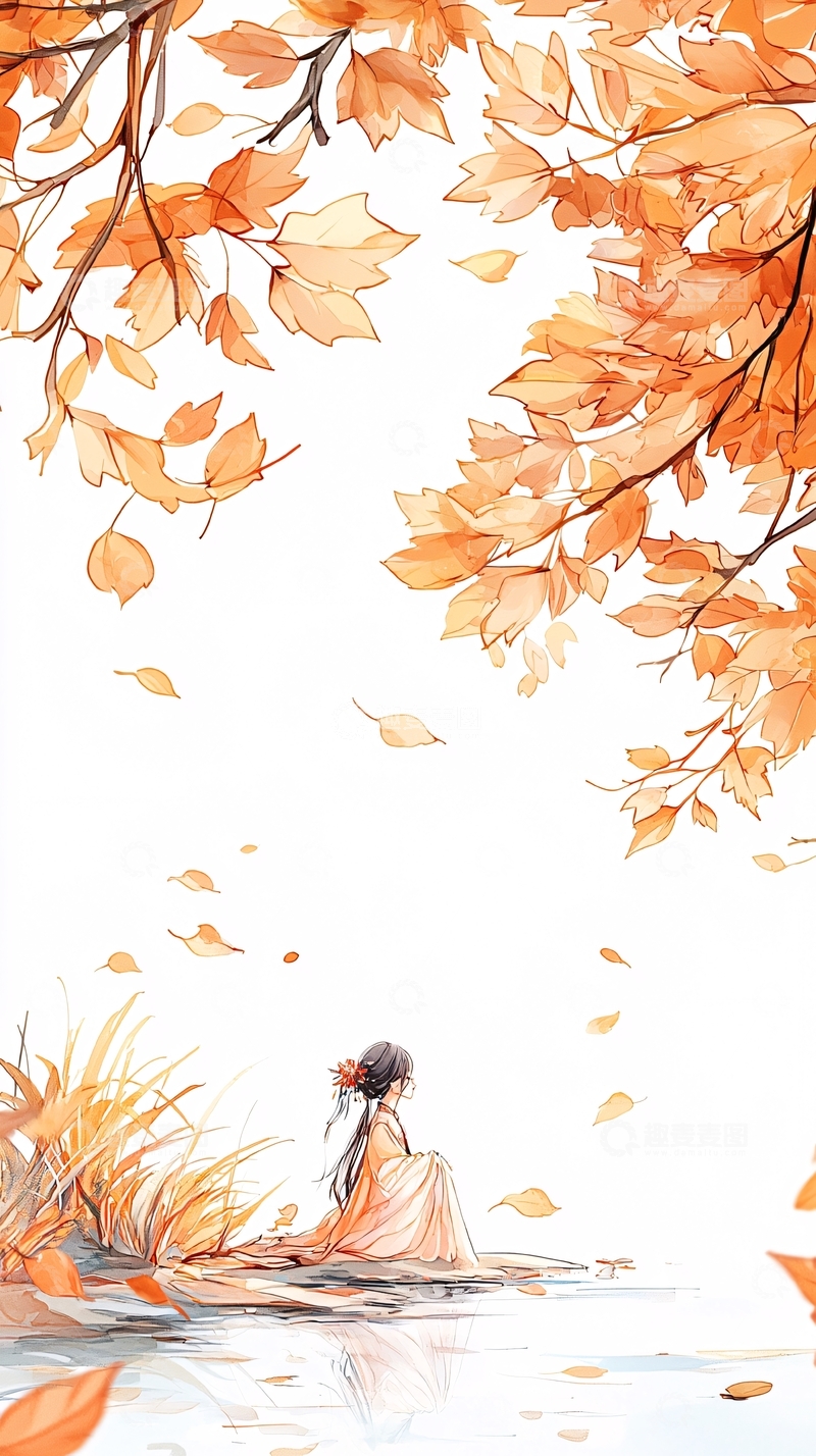 高清大图下载【趣麦麦图】秋日落叶下的女子