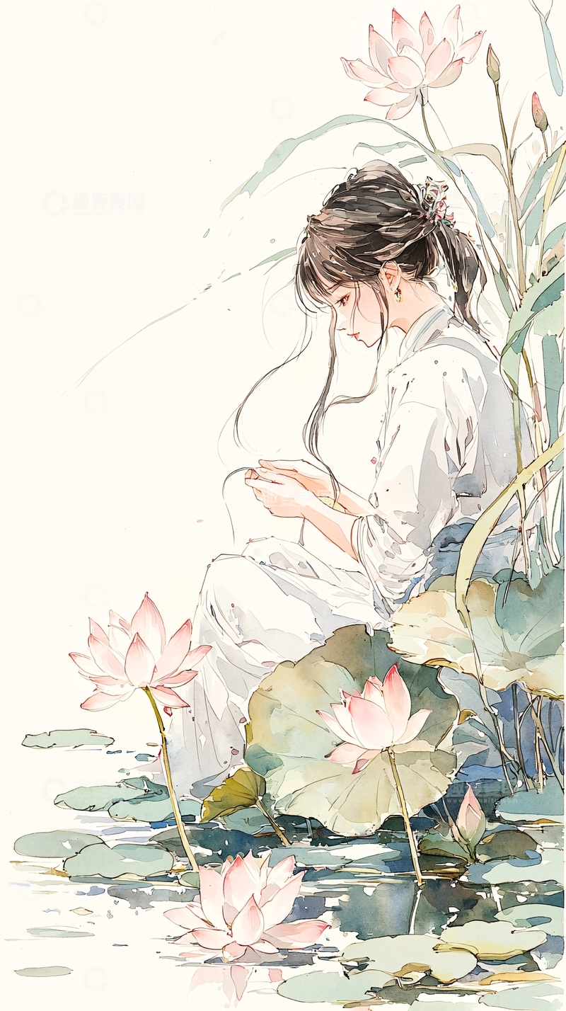 荷塘女子静思图