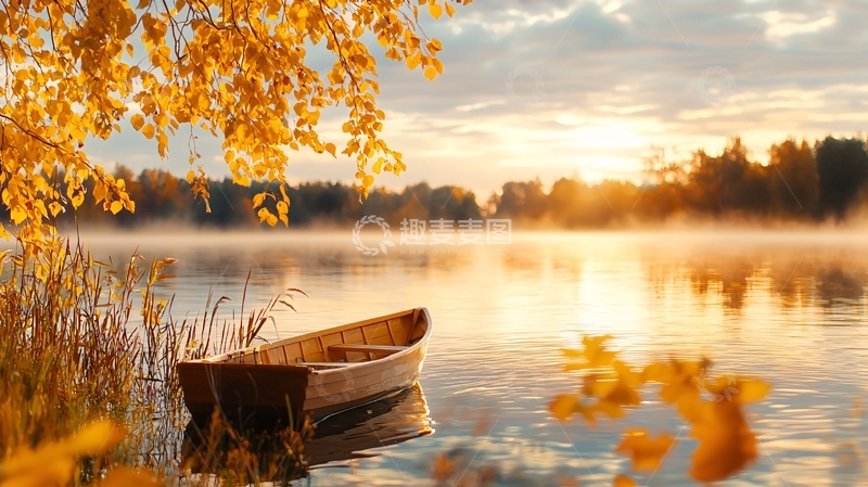 高清大图下载【趣麦麦图】秋日湖畔静谧小舟