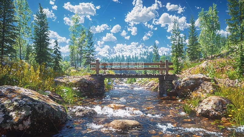 高清大图下载【趣麦麦图】山间小溪木桥自然风光