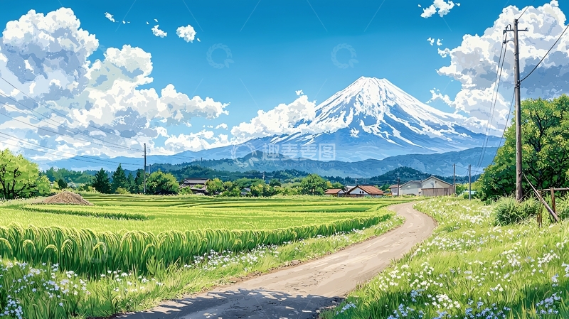 高清大图下载【趣麦麦图】蓝天白云下的富士山风景画