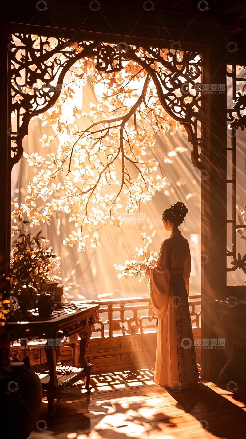 高清大图下载【趣麦麦图】古风女子庭院赏花