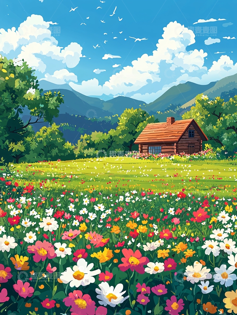 高清大图下载【趣麦麦图】山间小屋与花海