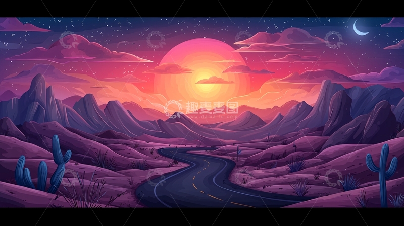 高清大图下载【趣麦麦图】紫色日落山脉公路