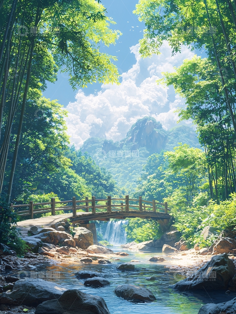 高清大图下载【趣麦麦图】竹林小溪瀑布木桥自然风光