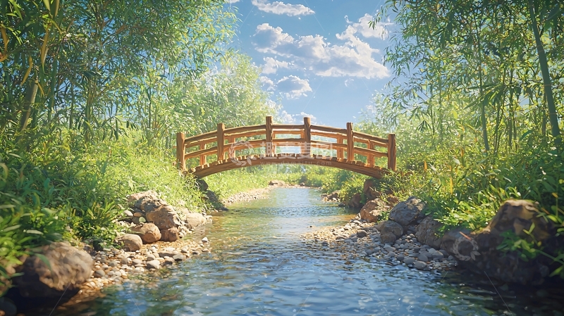 高清大图下载【趣麦麦图】竹林小溪木桥自然风光