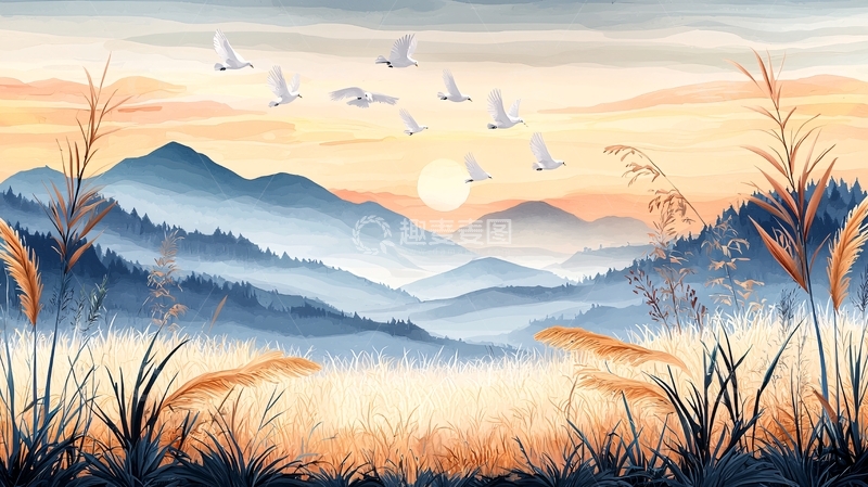 高清大图下载【趣麦麦图】水墨山水飞鸟意境