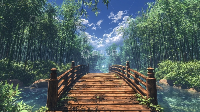 高清大图下载【趣麦麦图】竹林小桥流水自然风光