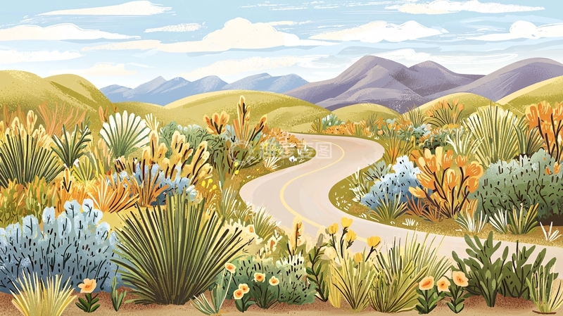 高清大图下载【趣麦麦图】卡通风格的蜿蜒公路景观