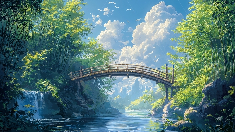 高清大图下载【趣麦麦图】竹林小桥流水自然风光