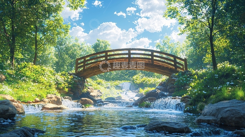 高清大图下载【趣麦麦图】夏日森林中的小桥流水
