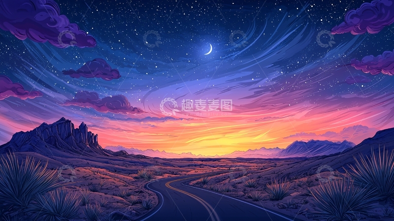 高清大图下载【趣麦麦图】绚丽星空下的公路