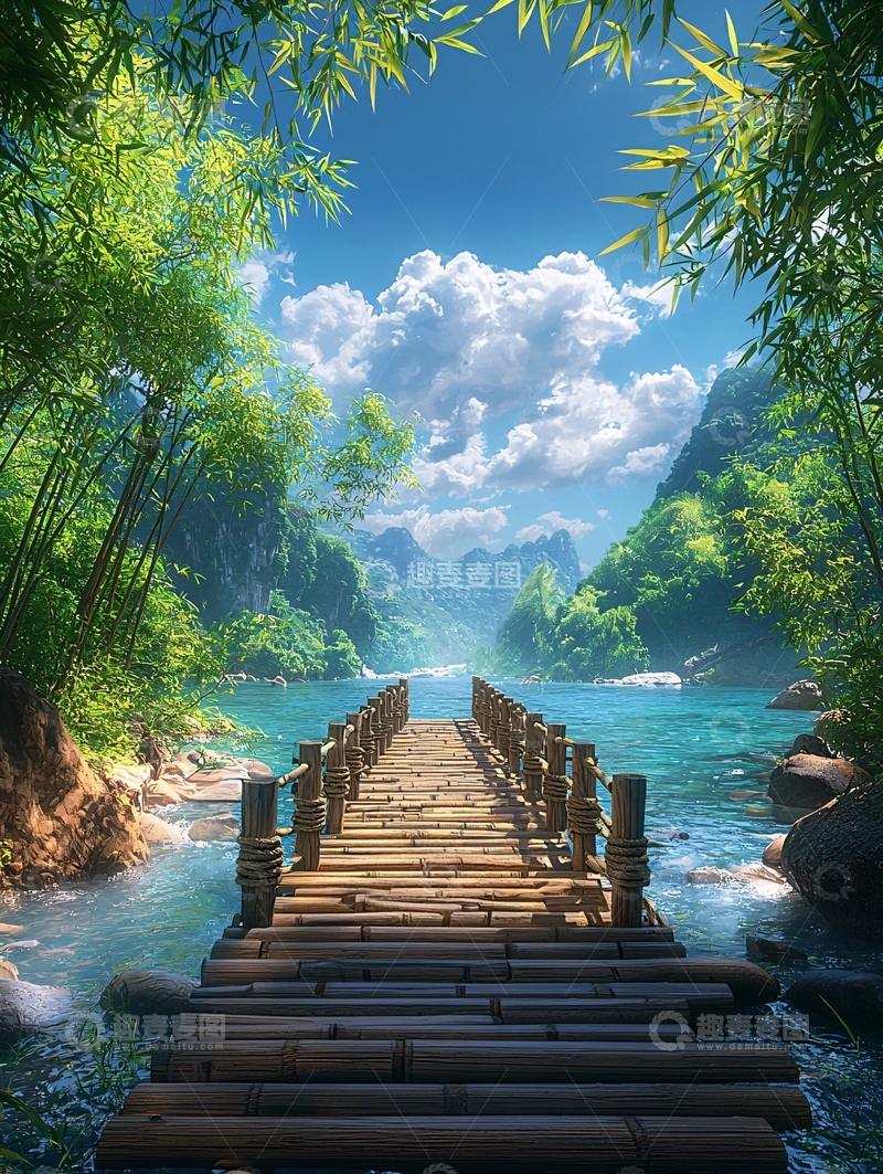 高清大图下载【趣麦麦图】竹桥通幽山水间