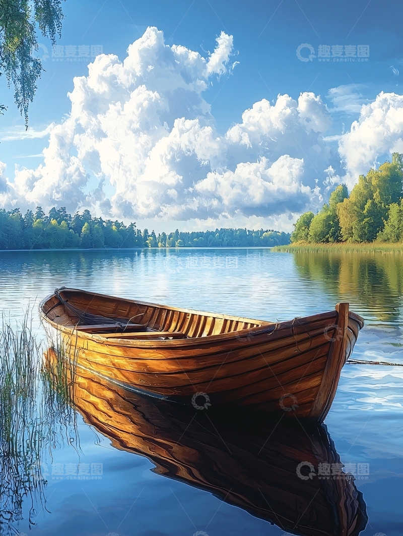 高清大图下载【趣麦麦图】宁静湖畔木舟