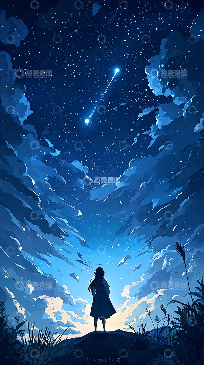 高清大图下载【趣麦麦图】夜空下的流星与女孩