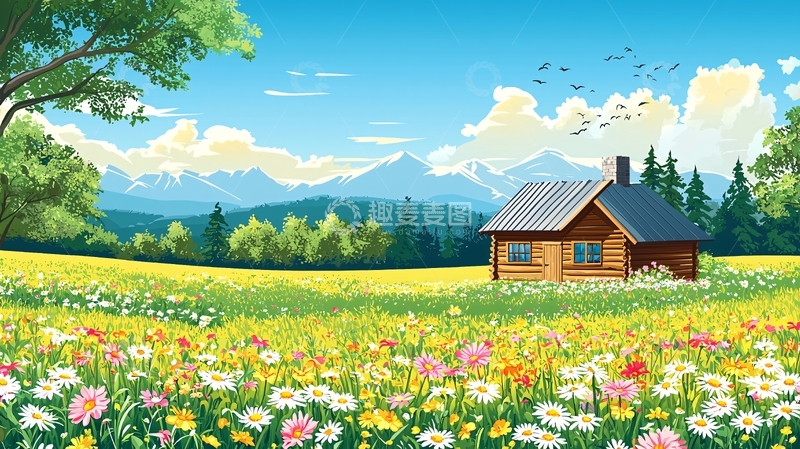 高清大图下载【趣麦麦图】山间小屋与花海