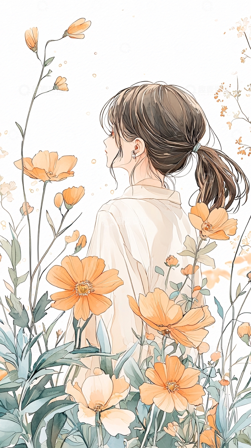 高清大图下载【趣麦麦图】秋日花海中的少女背影