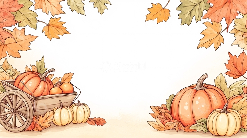 高清大图下载【趣麦麦图】南瓜与秋叶手绘插画
