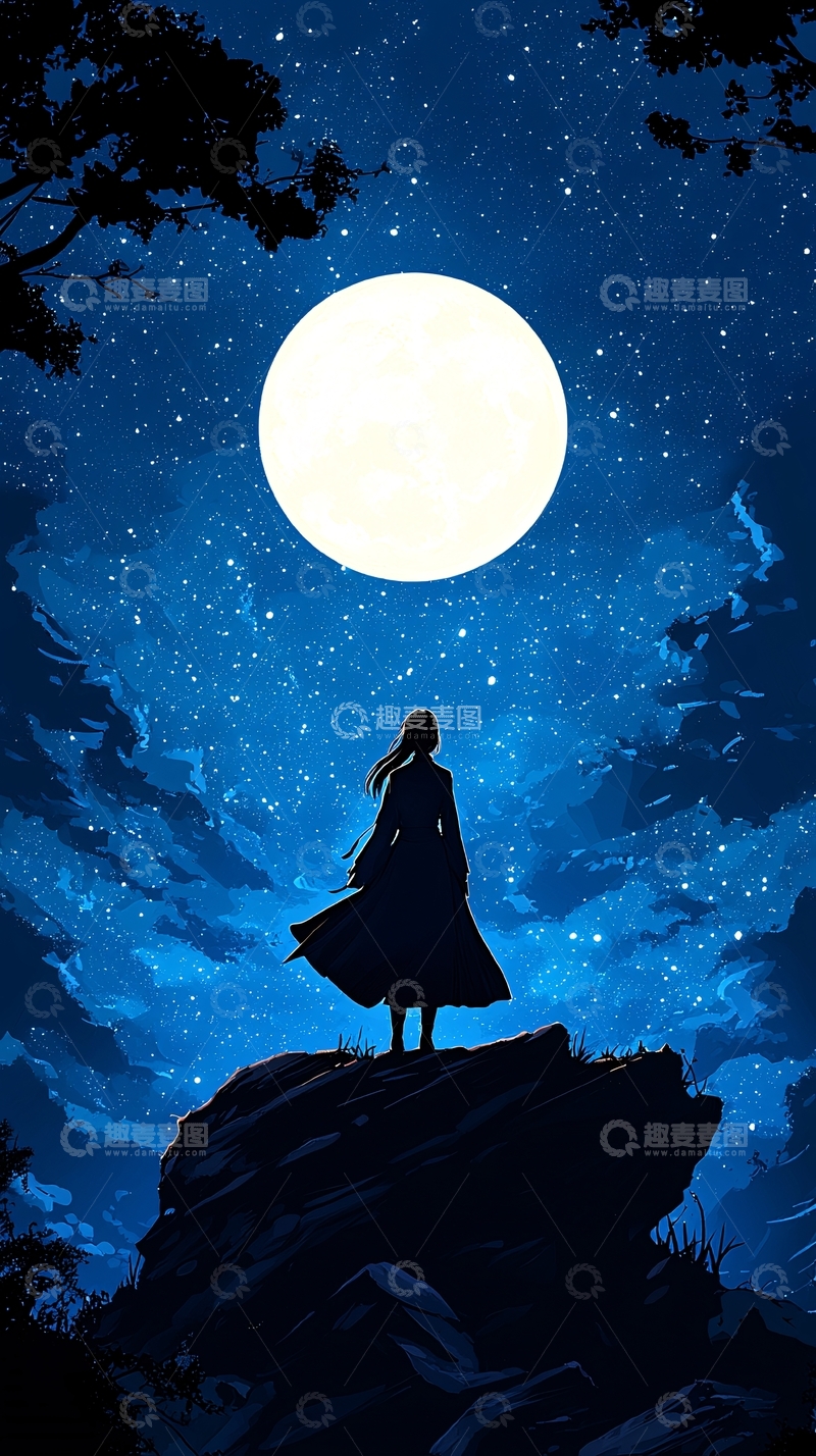 高清大图下载【趣麦麦图】夜空下的剪影女孩
