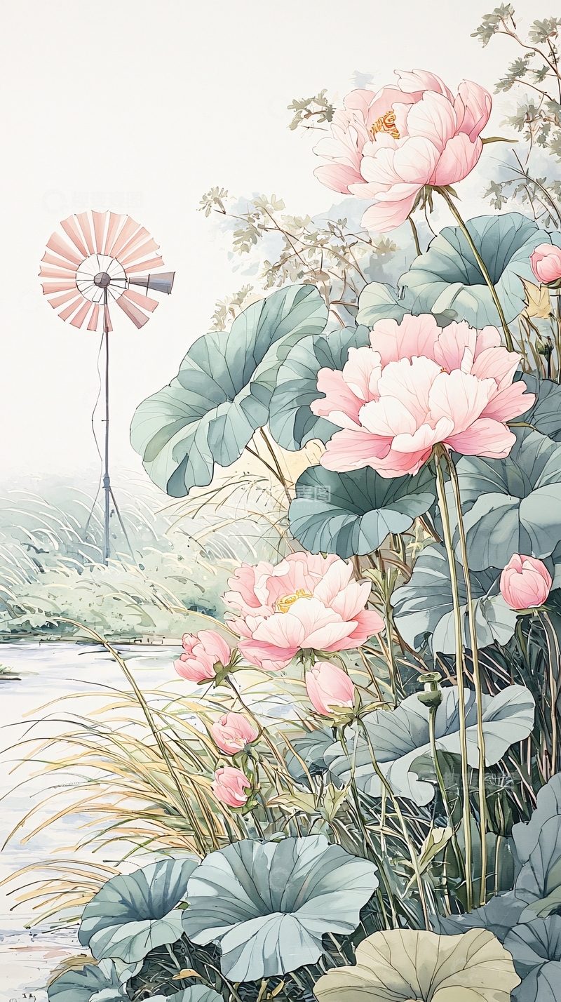 高清大图下载【趣麦麦图】荷塘风车与粉红牡丹