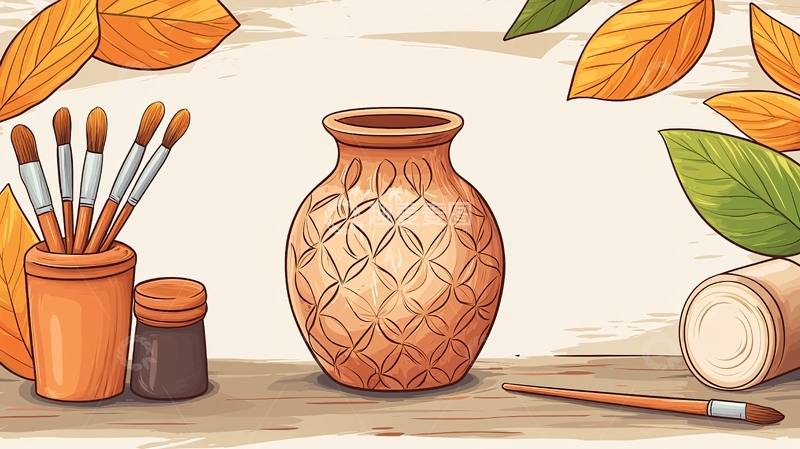 高清大图下载【趣麦麦图】陶罐与绘画工具的秋日静物