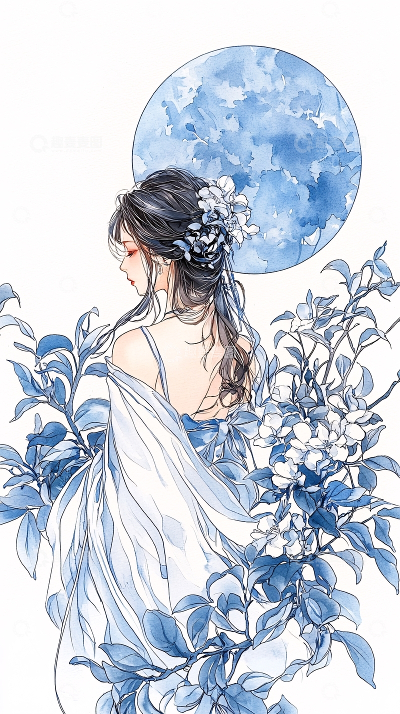 高清大图下载【趣麦麦图】月下花影女子图