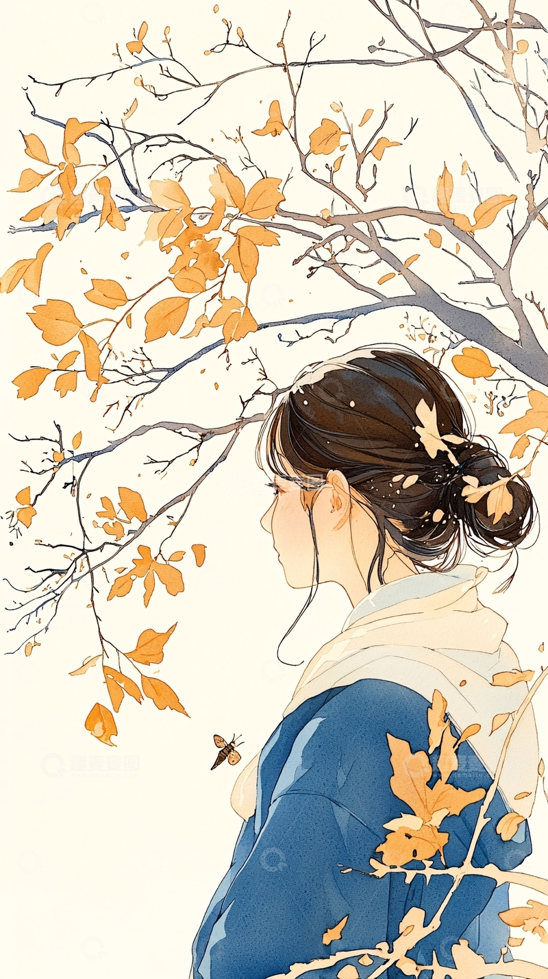 高清大图下载【趣麦麦图】秋日树下女子背影