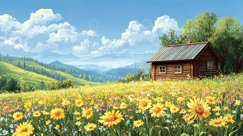 高清大图下载【趣麦麦图】山间小屋与花海