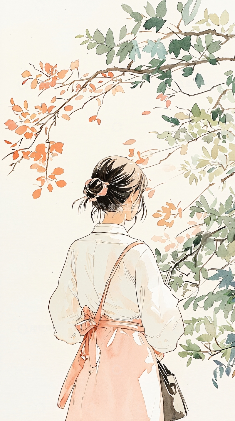 高清大图下载【趣麦麦图】秋日树下背影少女