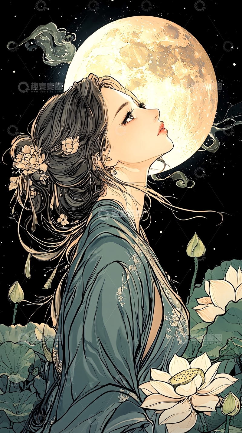 高清大图下载【趣麦麦图】月下仙子与莲花