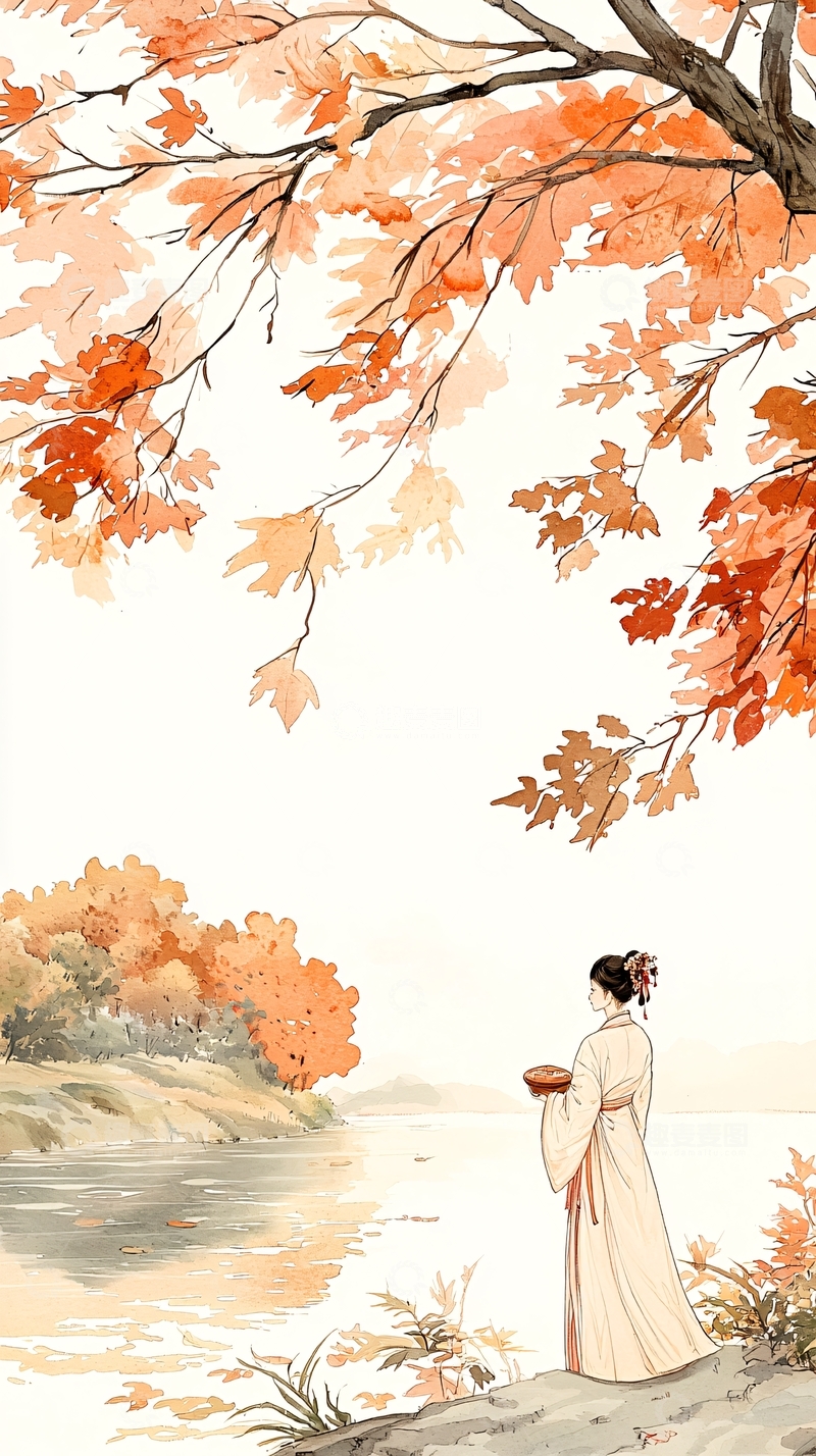 秋日河边女子赏景图