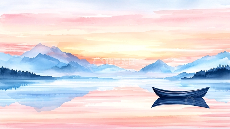 高清大图下载【趣麦麦图】宁静湖畔孤舟远山