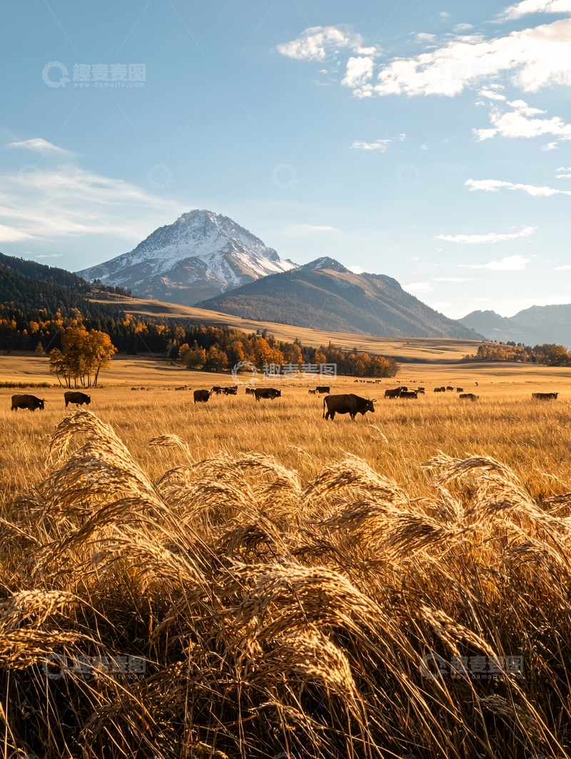 高清大图下载【趣麦麦图】辽阔草原与雪山