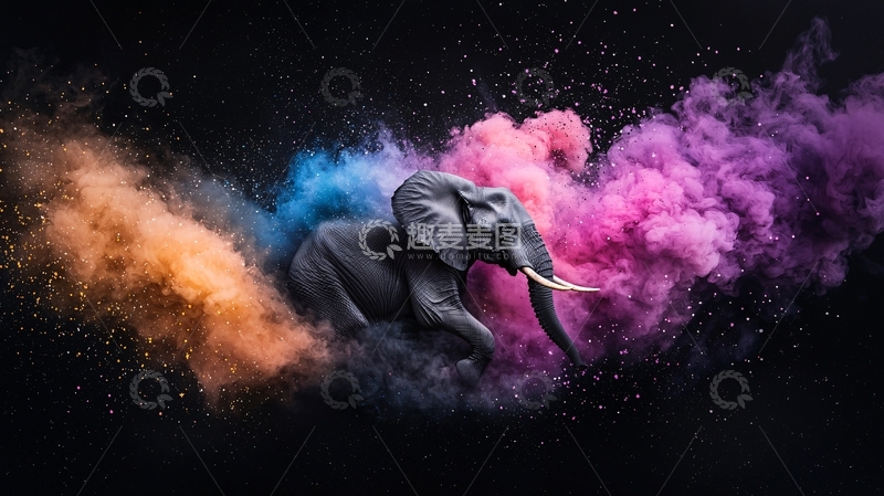 高清大图下载【趣麦麦图】色彩斑斓大象与烟雾的艺术插画