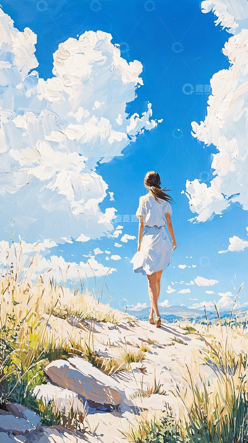 高清大图下载【趣麦麦图】蓝天白云下的孤独旅人