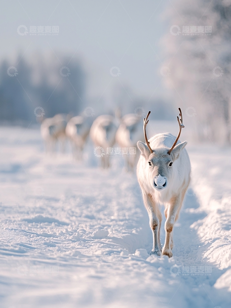 高清大图下载【趣麦麦图】雪地中行走的白色驯鹿
