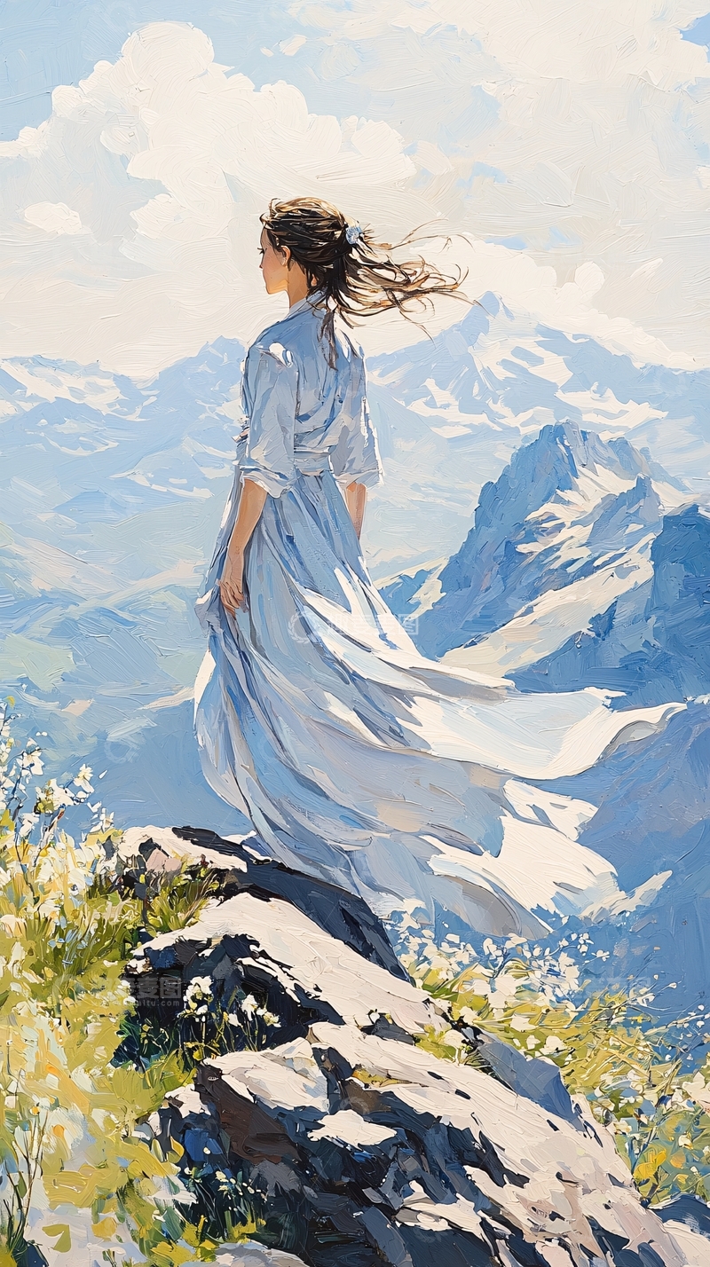 高清大图下载【趣麦麦图】山间飘逸蓝裙女子