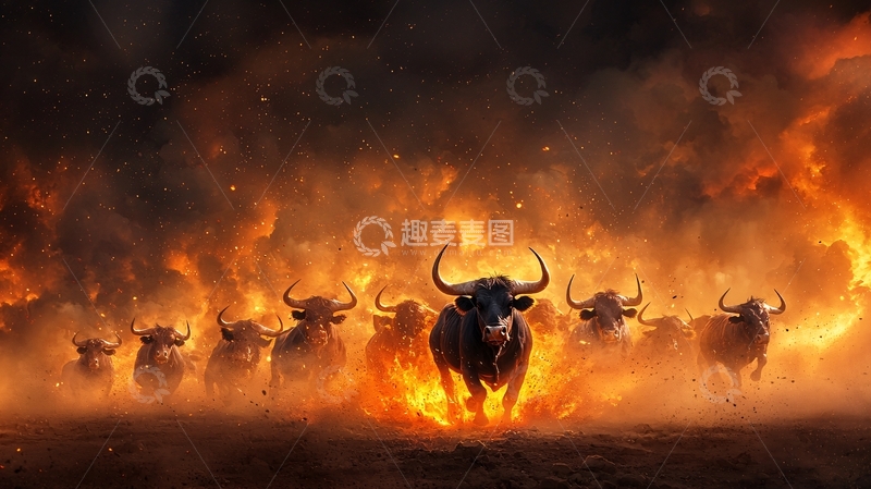 高清大图下载【趣麦麦图】火焰中奔跑的牛群