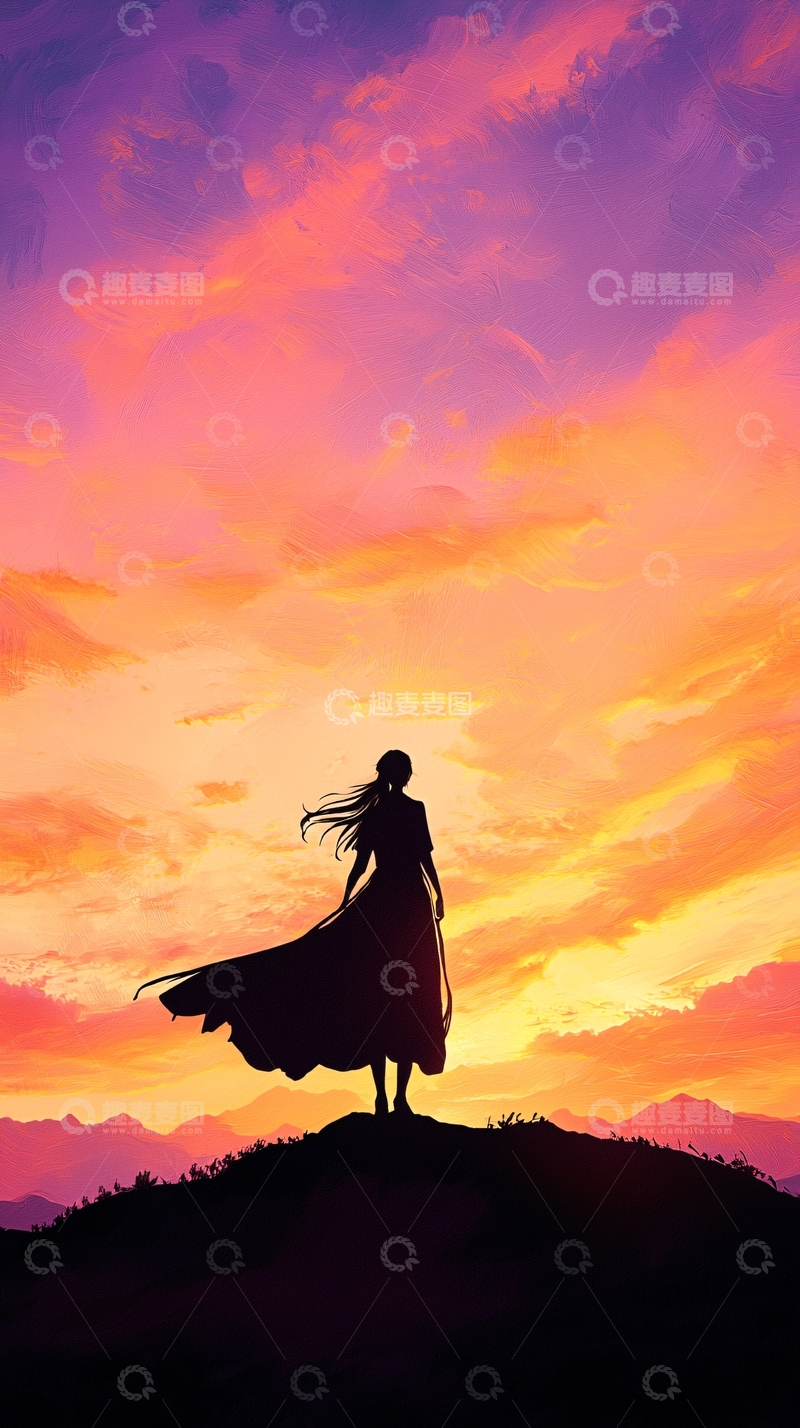 高清大图下载【趣麦麦图】日落山巅剪影女孩