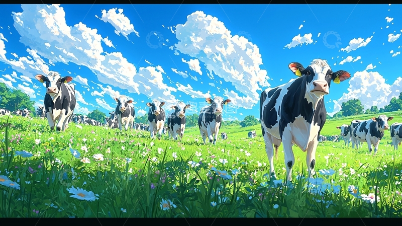 高清大图下载【趣麦麦图】奶牛在草地上奔跑的场景