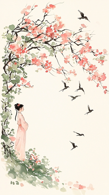 春日花下赏鸟人