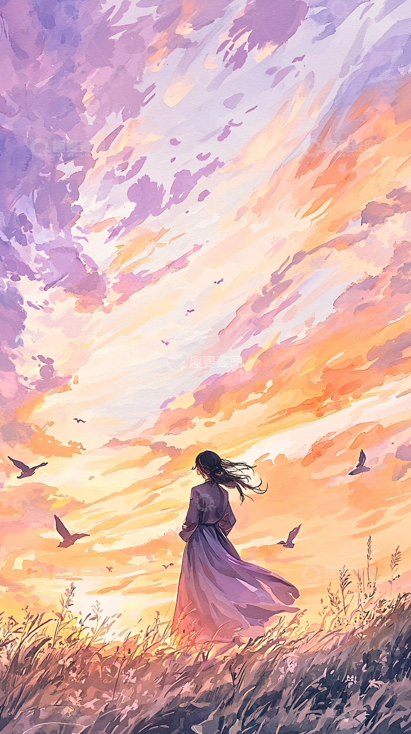 高清大图下载【趣麦麦图】秋日黄昏下的孤独旅人