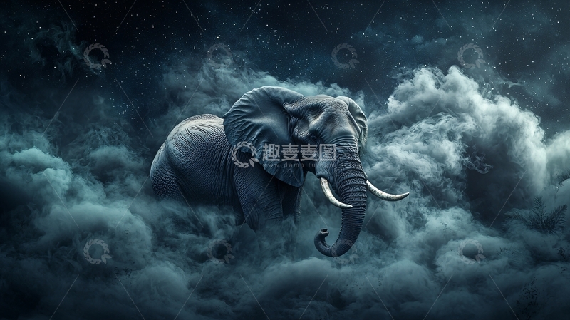 高清大图下载【趣麦麦图】夜空中的大象与云雾