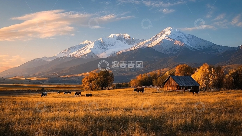 高清大图下载【趣麦麦图】秋季田野雪山小屋风景