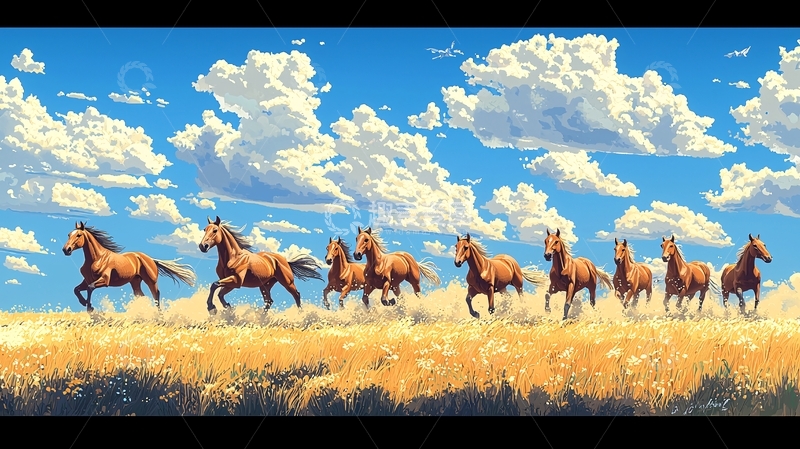 高清大图下载【趣麦麦图】奔腾骏马在草原上飞驰