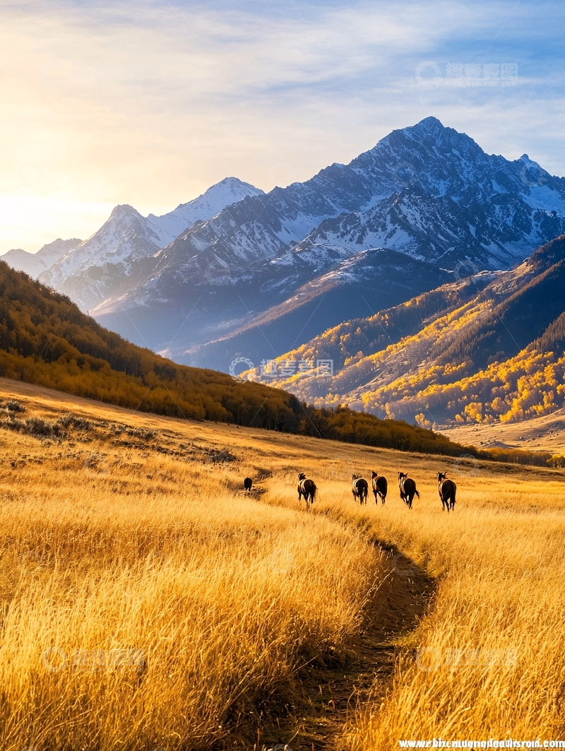 高清大图下载【趣麦麦图】金色草地上的牛群和远山