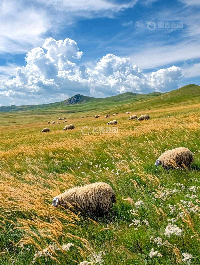 高清大图下载【趣麦麦图】草原上的羊群和蓝天白云