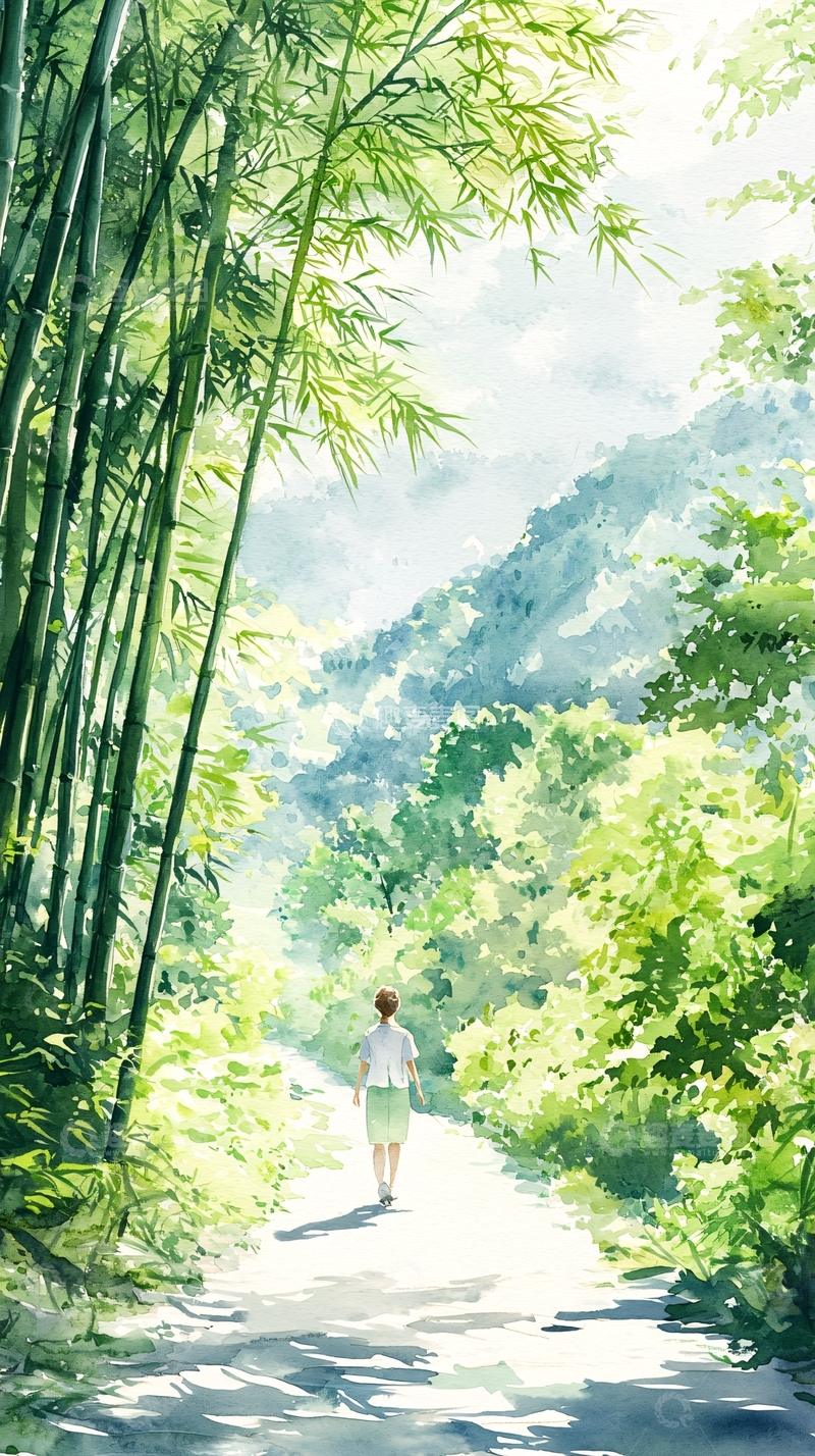 高清大图下载【趣麦麦图】竹林小径上的背影